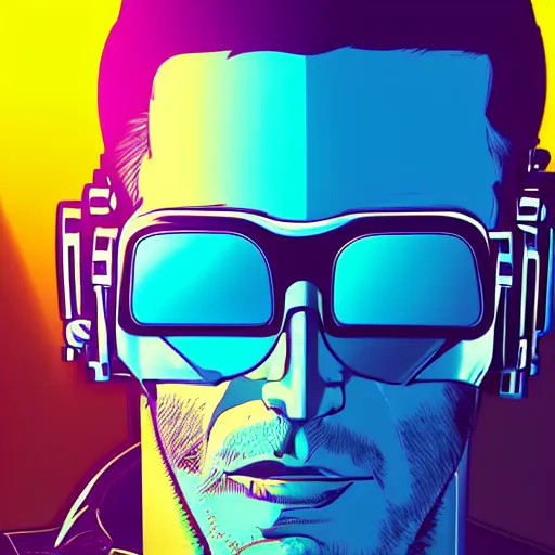 Image similar to 3 / 4 view closeup portrait of johnny silverhand from cyberpunk 2 0 7 7 with light blue shutter shades in front of a sunset, a dark purple leather jacket, vector art by jan tengnagel, pixabay contest winner, retrofuturism, retrowave, synthwave, outrun, portrait, synthwave