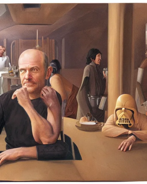 Image similar to rhett sarlin sitting at a table in a cantina on tatooine, long black hair in a ponytail, portrait by ralph mcquarrie