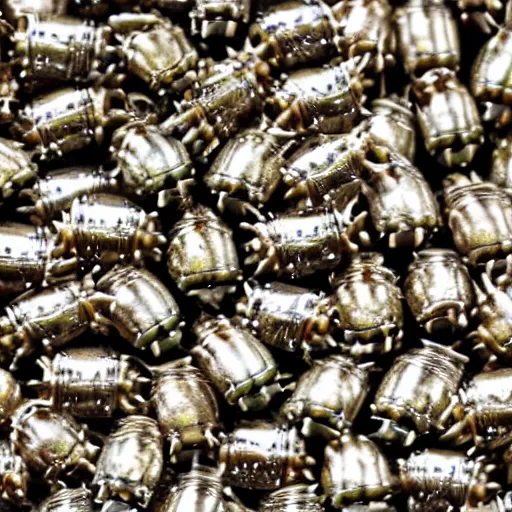 Prompt: army of army of tiny insectoid metallic robots eating a apple