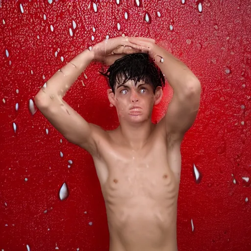 Image similar to Wet young man suffers standing on his head in the red room rain