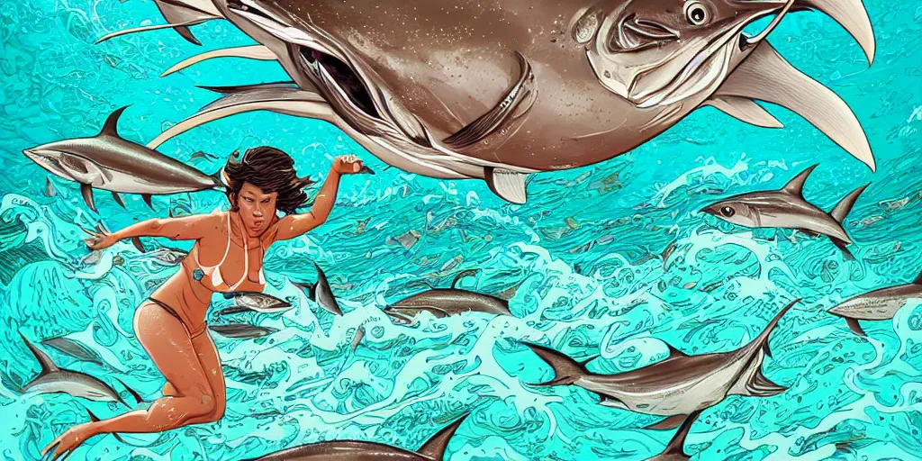 Prompt: brown woman herding tuna in the ocean, extremely detailed, sharp focus, wide view, smooth, digital illustration, by james jean, by rossdraws, frank franzzeta, mcbess, sakimichan