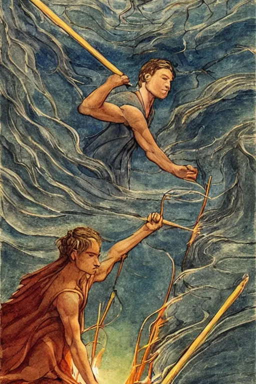 Prompt: the eight of wands tarot card shows eight sprouting wands sailing through the air at high speed.. the sky is clear and the beautiful river is flowing freely, beautiful landscape, 8 wands flying through the air, beautiful artwork by steve skroce and william blake, featured on artstation, cgsociety, behance, dramatic lighting, detailed