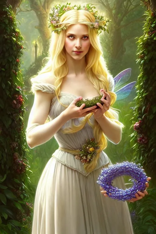 Prompt: beautiful blonde woman in the image of a fairy - tale princess in the garden with a wreath in her hands, deep focus, d & d, fantasy, complex, elegant, highly detailed, digital painting, artstation, concept art, matte, clear focus, illustration, hearthstone, works by artgerm and greg rutkowski and alphonse mucha