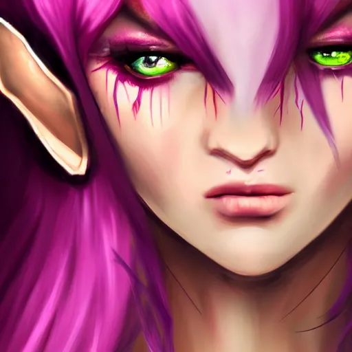 Image similar to portrait of a beautiful female high elf with magenta eyes and dark hair, digital art dnd beyond trending on art station 8 k