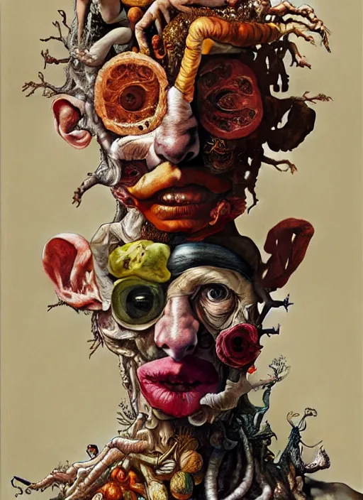 Image similar to human figures by arcimboldo in a dramatic poses, extra limbs, highly detailed and intricate, expressive, surrealism, painting by jenny saville and charlie immer, artstation