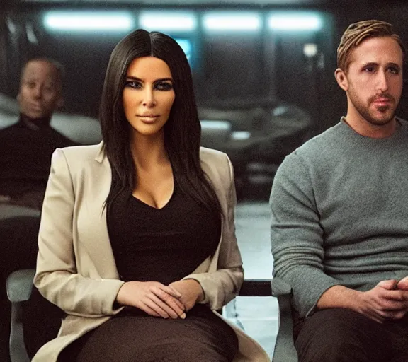 Image similar to a movie still of kim kardashian sitting with ryan gosling in the movie blade runner 2 0 4 9