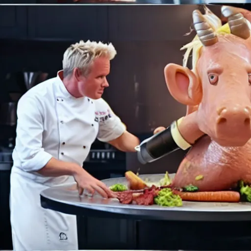 Image similar to hyper real Gordon Ramsey cooking a unicorn in kitchen 4k