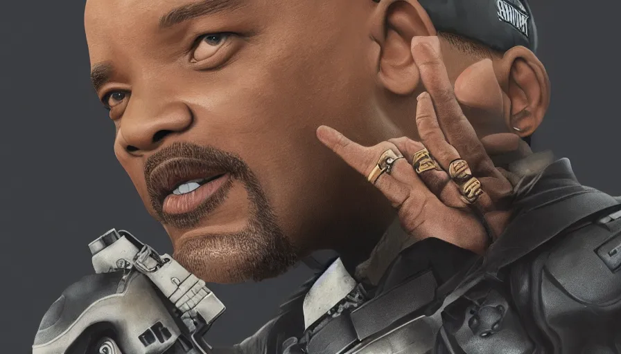 Image similar to will smith is nick fury, grey background, hyperdetailed, artstation, cgsociety, 8 k