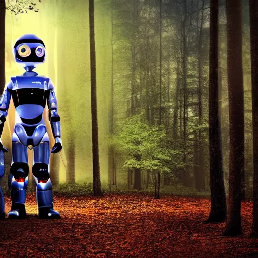 Image similar to Little boy being protected by robot, ASIMO robot and boy, digital art, night time, forest