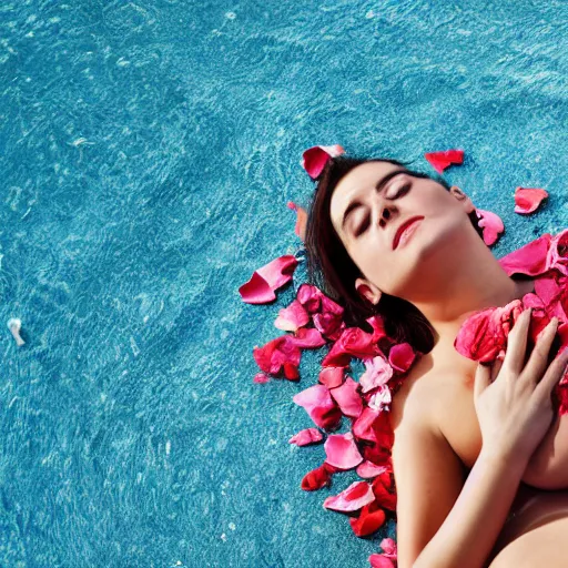 Image similar to woman laying in a pool of rose petals, movie poster, realistic, soft lighting, professional, full body, view from top