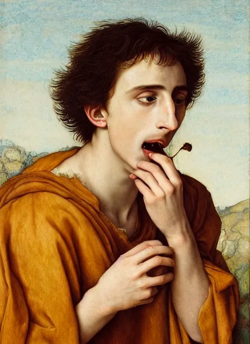 Image similar to (((( a painting of a Timothee Chalamet EATING an APPLE, a character portrait by Dürer, behance, pre-raphaelitism, da vinci,y pre-raphaelite, detailed painting“