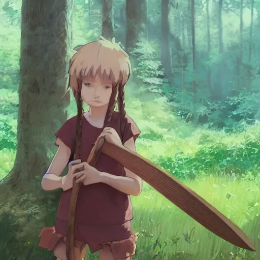 Image similar to portrait of a child with brown pigtails and green eyes, holding an axe, forest background, highly detailed, digital painting, artstation, matte, by makoto shinkai, animation style, studio ghibli, anime key visual