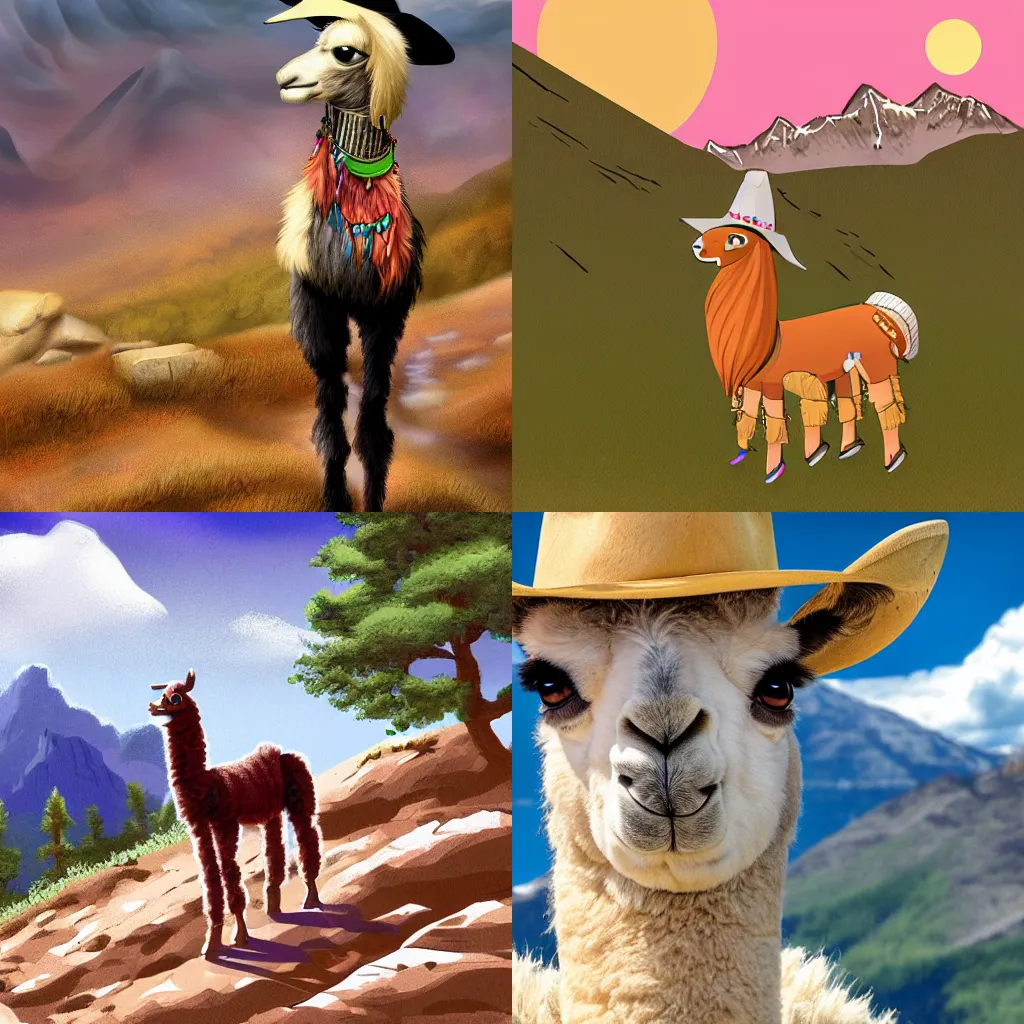 Prompt: digital art of a llama fursona wearing a cowboy hat, hiking a mountain