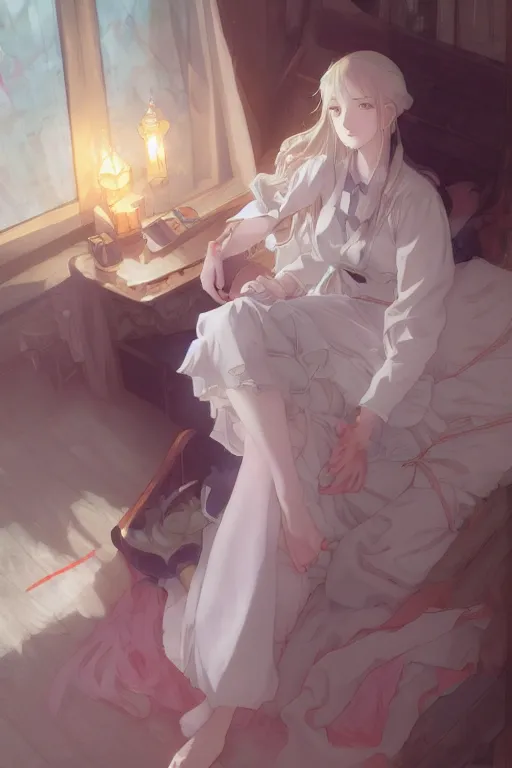 Image similar to a girl in a maid's outfit in the bedroom a night, raining outside the window, wavy white long hair, by krenz cushart and mucha and akihito yoshida and greg rutkowski and makoto shinkai and rei 0 7, detailed eyes, 4 k resolution