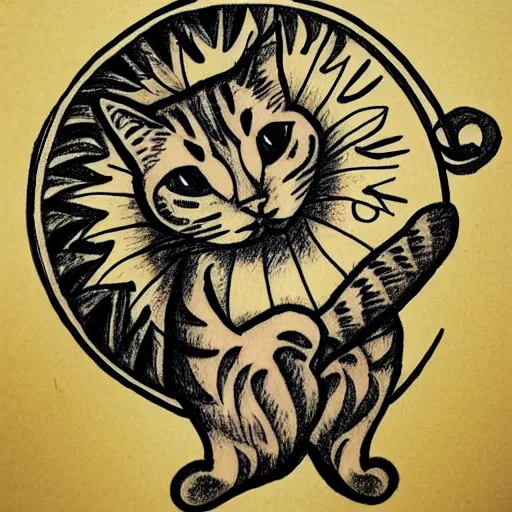 Prompt: tattoo sketch of a cat hugging the sun, on a yellow paper, byzantium ornament, line art