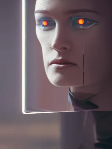 Image similar to a portrait of a cyborg in the mirror, futuristic, cyberpunk, 4 k, hyperrealistic, raytracing, dynamic lighting, hdr, accurate