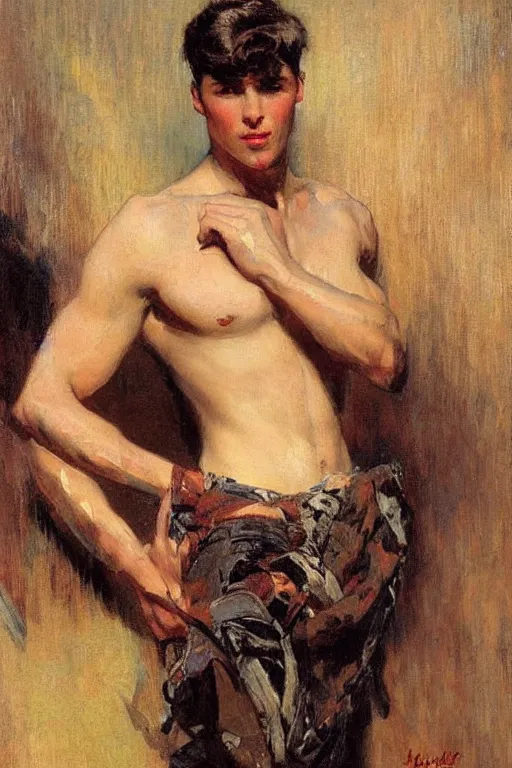 Prompt: attractive male, painting by gaston bussiere, j. c. leyendecker