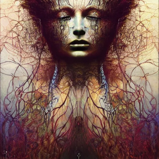 Prompt: forest spirit queen of jupiter by zdzisław beksinski, iris van herpen, raymond swanland, craig mullins and alphonse mucha. highly detailed, hyper - real, beautiful