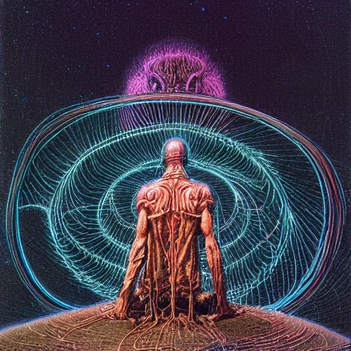 Image similar to an exhausted deity, contemplating existence, beyond the known universe, fine art, bokeh, omnidimensional, ocd, electroluminescent wire by wayne barlowe + jack davis