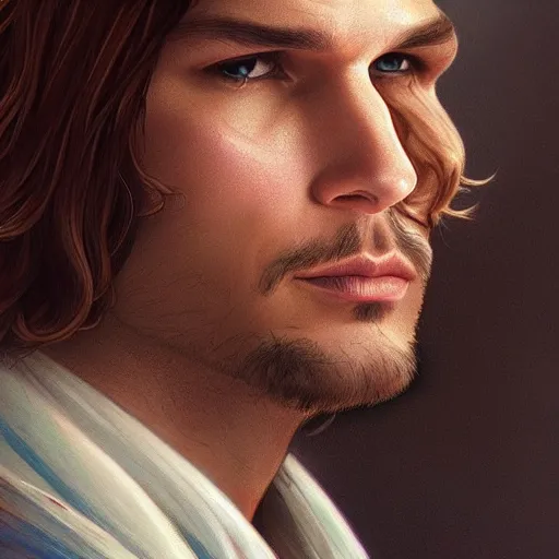 Image similar to a beautiful and detailed portrait of ashton kutcher as deckard cain, viewed in profile from far away, ultrawide lens, art by artgerm and greg rutkowski and alphonse mucha, volumetric lighting, octane render, 4 k resolution, trending on artstation, masterpiece