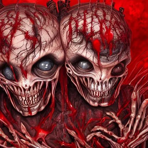 Image similar to conjoined demon twins emerging from corpses in a red hellscape covered in blood by Yoshitaka Amano, by HR Giger, biomechanical, 4k, hyper detailed, hyperrealism, anime, red sky, blood and body parts, deviantart, artstation