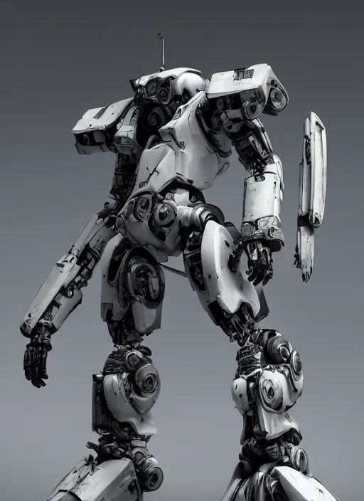 Image similar to a Photorealistic dramatic hyperrealistic render of a futuristic exosuit warrior Mech,Ultra realistic details,glossy white metal,weathered surfaces,by Hidetaka Tenjin,Yoh Yoshinori,Yoji Shinkawa,Masamune Shirow,Beautiful dramatic dark moody tones and lighting,cinematic atmosphere,studio lighting,shadows,dark background, Octane render,8K