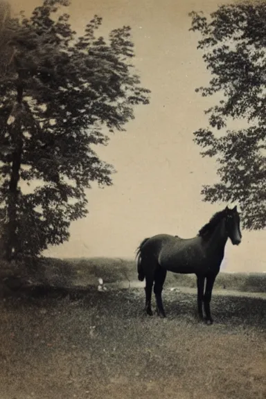 Image similar to an 1800s photo of 2 horses on top of a tree