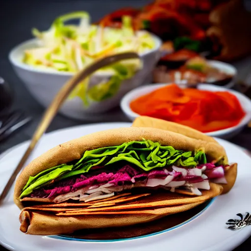 Prompt: art deco döner kebab, award winning photo, 4k, color, high quality, beautiful, served on a plate, architectural photo