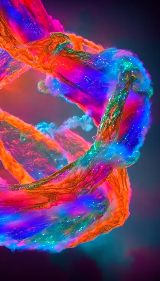 Image similar to 8 k uhd houdini recursive dna structure, background radiant swirling smoke wisps, dreamy colors, magical volumetric lighting, 1 8 mm lens