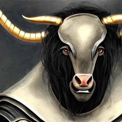 Prompt: close up portrait of a black haired Minotaur in plate armor, concept art, fantasy painting