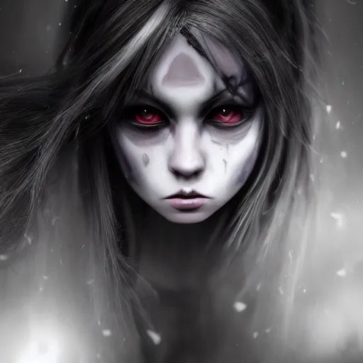 Image similar to photorealistic full shot portrait of angry darkness anime girl, inspired by Tim Burton, detailed, unreal engine 4k volumetric light, fog,