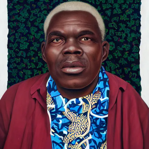 Image similar to a painting of a round face, XXL Loving, caring, generous, ever-present, humble, wise elder from Kenya in a suit by Kehinde Wiley . Fatherly/daddy, focused, loving, leader, relaxed,. ethereal lights, details, smooth, sharp focus, illustration, realistic, cinematic, artstation, award winning, rgb , unreal engine, octane render, cinematic light, macro, depth of field, blur, red light and clouds from the back, highly detailed epic cinematic concept art CG render made in Maya, Blender and Photoshop, octane render, excellent composition, dynamic dramatic cinematic lighting, aesthetic, very inspirational, arthouse.