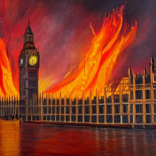 Image similar to detailed, soft, dynamic painting of the Big Ben in flames, burning, arson, professional painting, at dusk