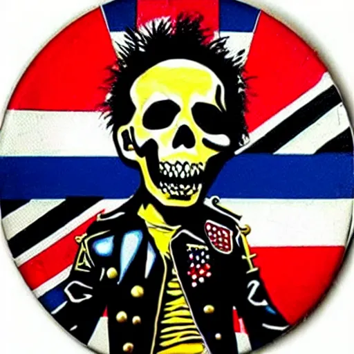 Image similar to painting on a badge, punks not dead!, exploited!!, clash, junk yard, rats!!, god save the queen, punk rock album cover art style, grunge, no future