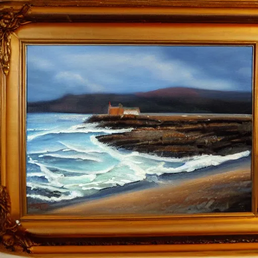 Image similar to old Scotland distillery in the seashore, oil painting style,