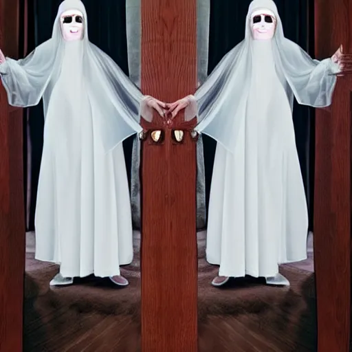 Image similar to award winning photo two Hovering twin nuns wearing hoods, buxom chested blindfolded wearing translucent veils see through dress, Very long arms, bedroom, wood door, eerie, frightening, highly detailed, photorealistic, colorized —width 1024 —height 1024