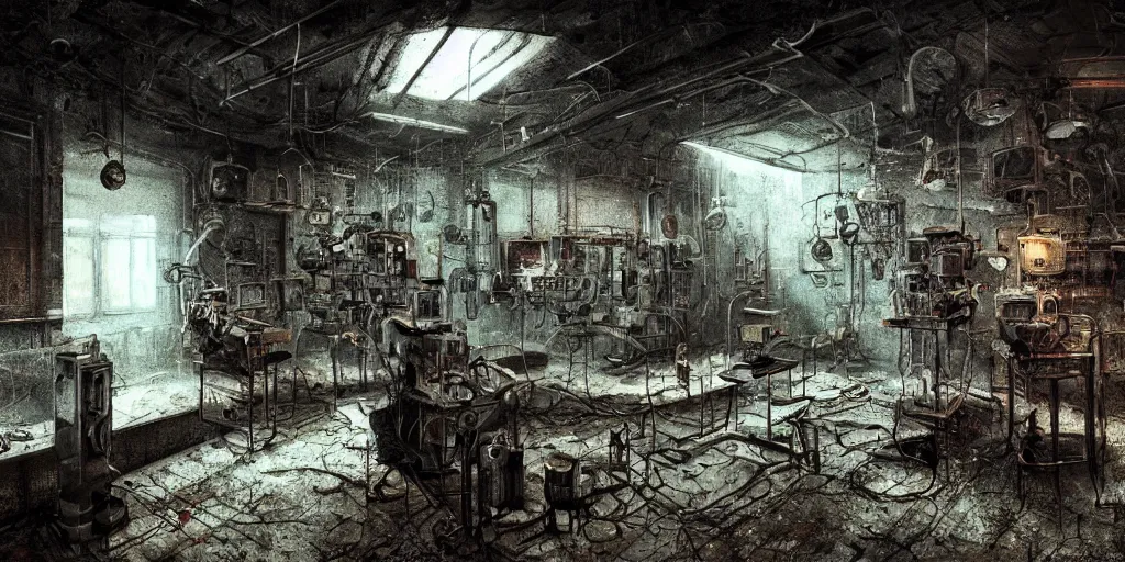 Image similar to xxii century humans discover abandoned laboratory with vacuum tube computers, early xx century technology, dark atmosphere, intricate, elegant, highly detailed, urban decay, digital painting, artstation, concept art, smooth, sharp focus, octane render, dramatic lighting, volumetric lighting, cinematic lighting, art by zdislav beksinski and hans giger