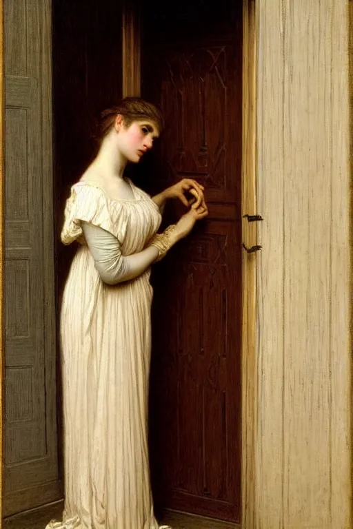 Image similar to lady in thought by auguste toulmouche and bouguereau, perfect detailed eyes, beautiful hands, pale skin, blonde hair, leaning on door