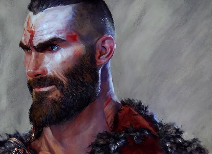 Image similar to a highly detailed beautiful portrait of adam levine as kratos, by gregory manchess, james gurney, james jean