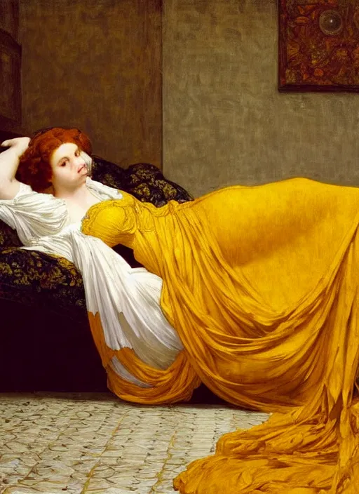 Image similar to masterpiece portrait of lady reclining on bed wearing yellow ochre ornate medieval dress, vertical, foreshortening, colour photography by frederic leighton, william morris, 8 k