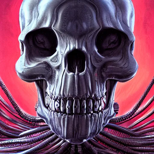 Image similar to surreal portrait of a man by Greg Rutkowski and H.R Giger, a biomechanical skull from whose sockets a red light emanates, between human and alien, connected by pipes and cables, terrifying, disturbing, cosmic void background, frightening, fascinating, highly detailed portrait, digital painting, book cover, artstation, concept art, smooth, sharp foccus ilustration, Artstation HQ.