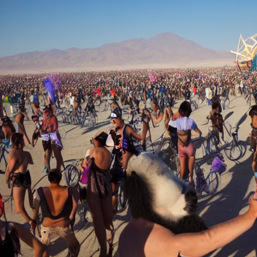 Image similar to a panda dancing on a busy playa at burning man