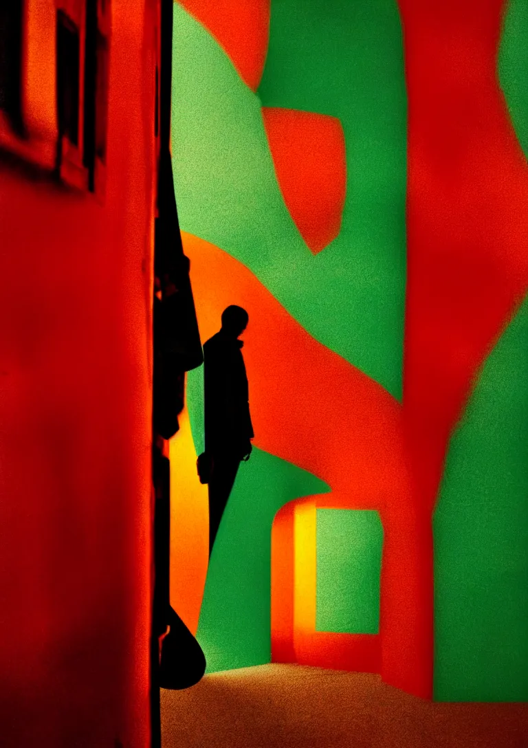 Image similar to Behind the troubled indecisive man was The portal into his imagination containing a swirling vortex of memories and ideas. 35mm photograph, f22 crisp focus, dramatic lighting. Award winning photography. Introspective. Red orange yellow green themed.