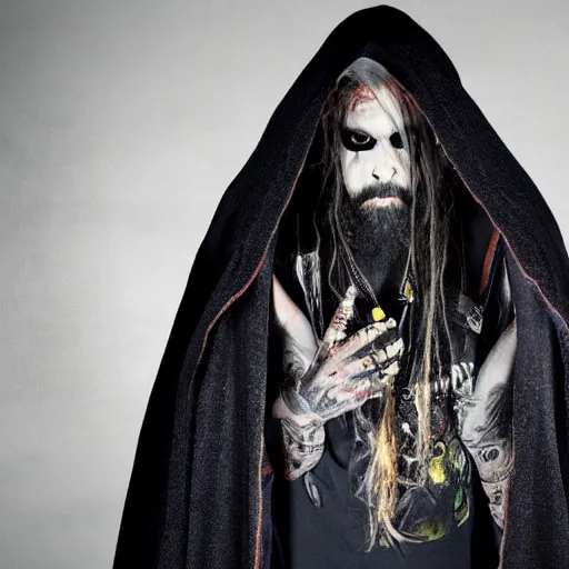 Image similar to rob zombie wearing a dark hooded cloak