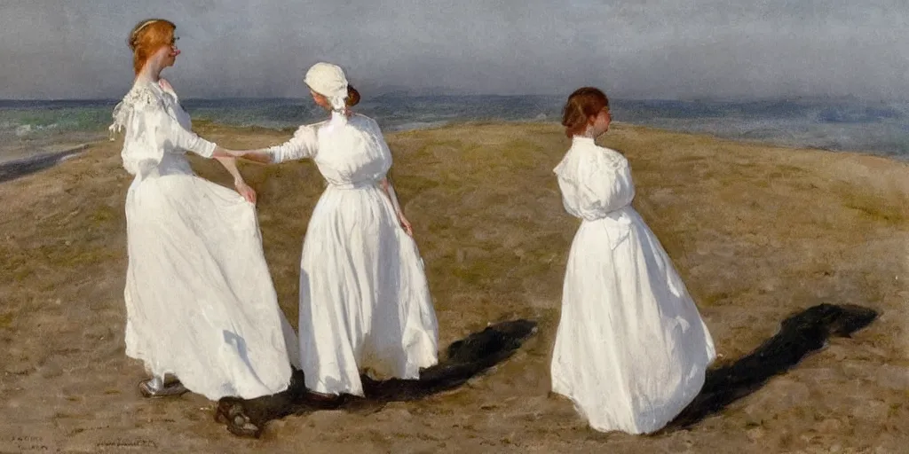 Prompt: a young edwardian woman wearing a white dress on a beach in Sweden, holding hands with another young edwardian woman, in the style of Anders Zorn