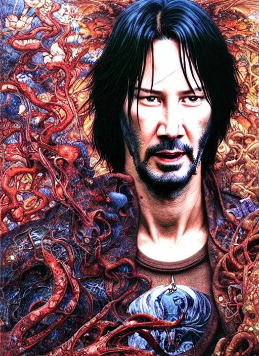 Prompt: realistic detailed image of a Keanu Charles Reeves by Ayami Kojima, Amano, Karol Bak, Greg Hildebrandt, and Mark Brooks, Neo-Gothic, gothic, rich deep colors. Beksinski painting. art by Takato Yamamoto. masterpiece