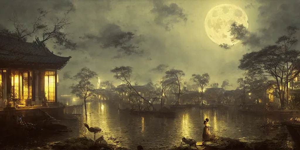 Prompt: an asian outdoor garden, family sitting at dining table center frames, full moon on the sky, the night is late, by andreas achenbach, artgerm, mikko lagerstedt, zack snyder, tokujin yoshioka