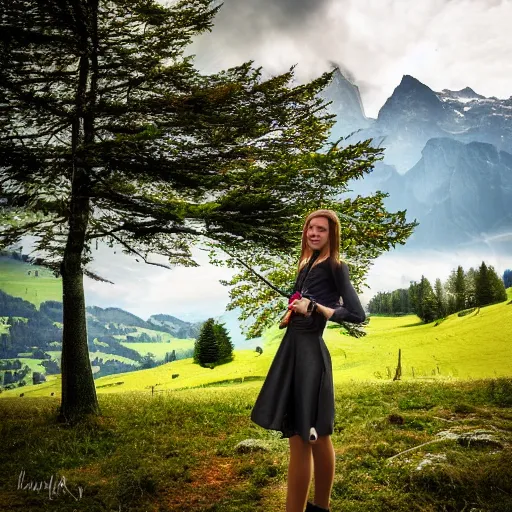 Image similar to a beautiful photograph of a girl with switzerland landscape in the background with trees, hdr, 8 k, high quality, sharp focus, artstation, highly detailed, award - winning, dramatic lighting, beautiful clouds, and nature