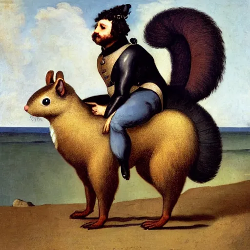 Prompt: a giant fluffy squirrel carrying napoleon bonaparte on its back, beach scene, flowers and foliage, courbet