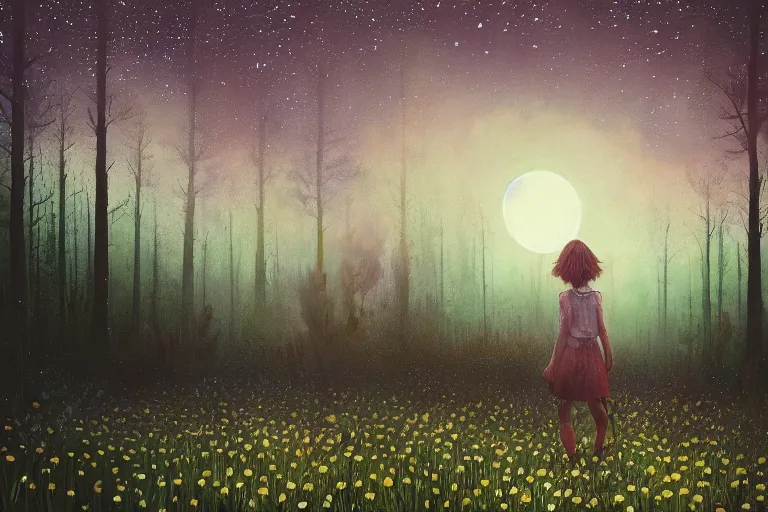 Image similar to giant bunch of daisy flowers head, girl walking in dark forest, surreal photography, dark night, stars, moon light, impressionist painting, clouds, digital painting, artstation, simon stalenhag